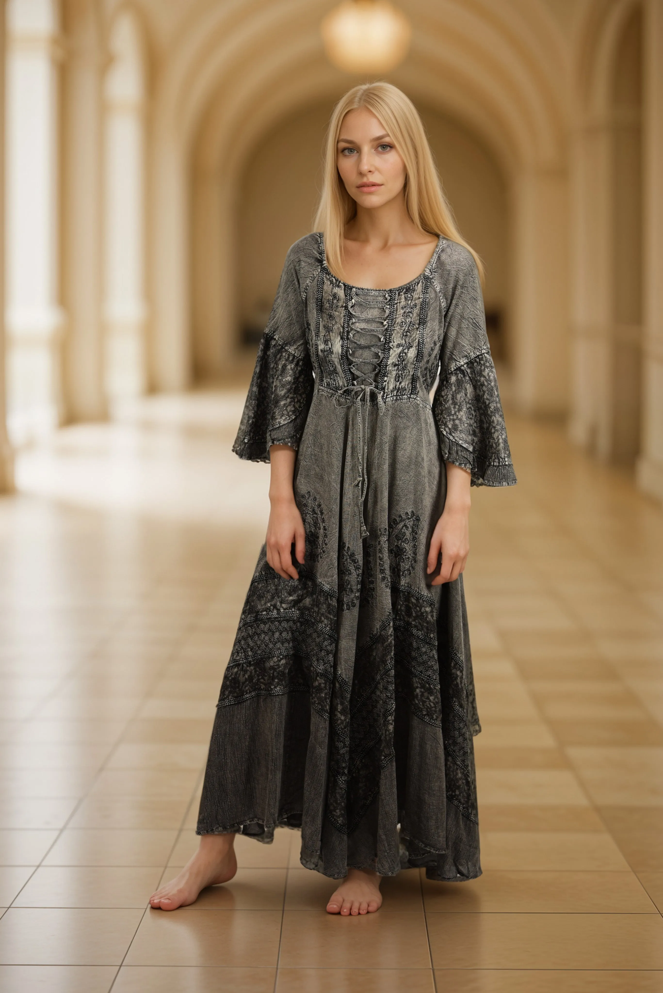 106 DR Royal Victorian Embroidered Flare Hem Corset Dress Gown