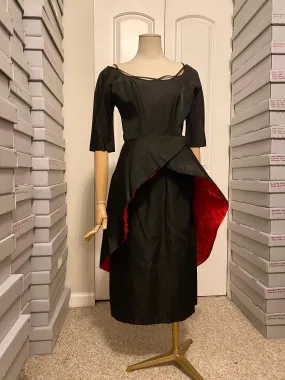 1950s Unlabelled Ceil Chapman Black & Red Peplum Dress