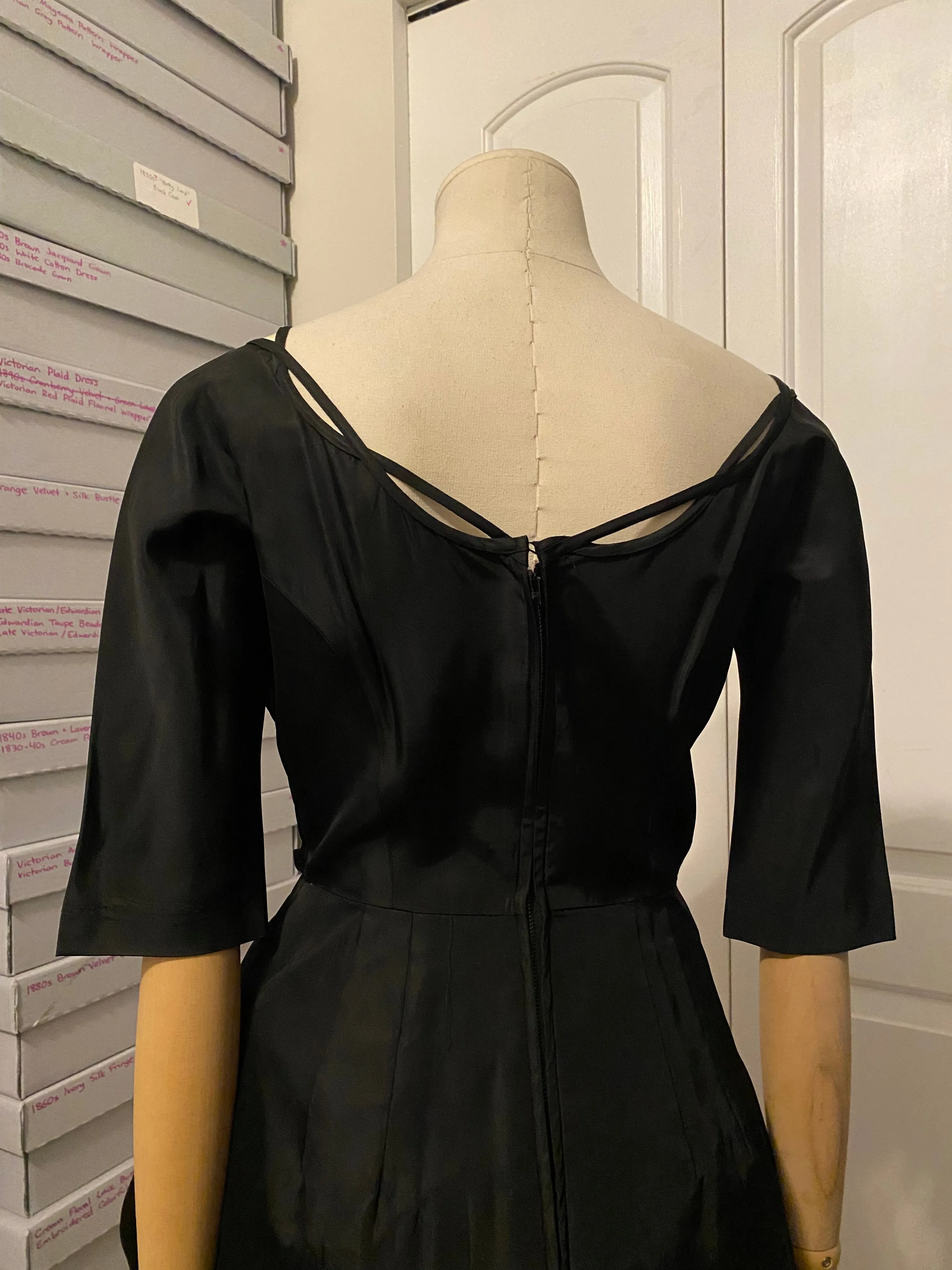 1950s Unlabelled Ceil Chapman Black & Red Peplum Dress