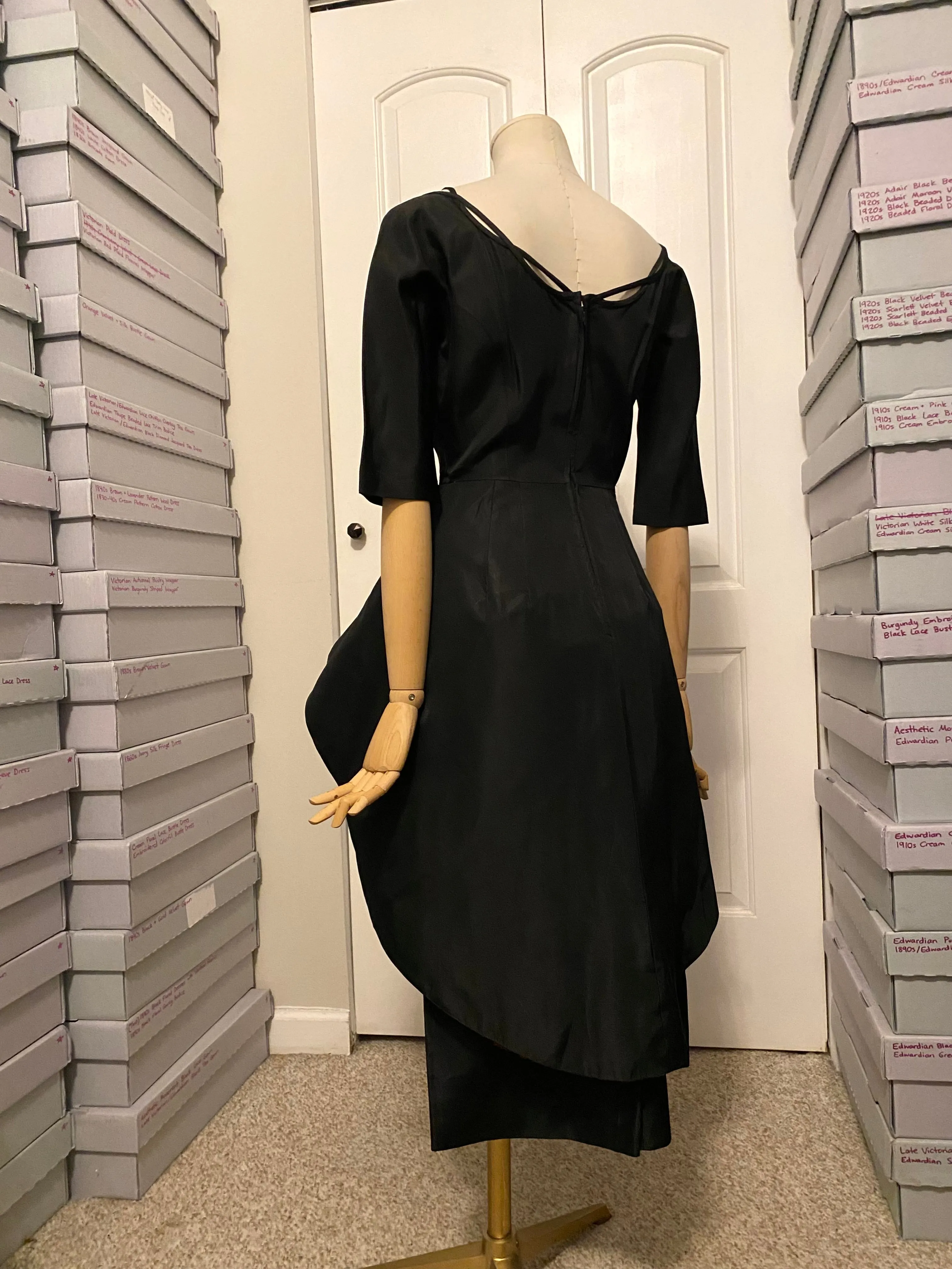 1950s Unlabelled Ceil Chapman Black & Red Peplum Dress