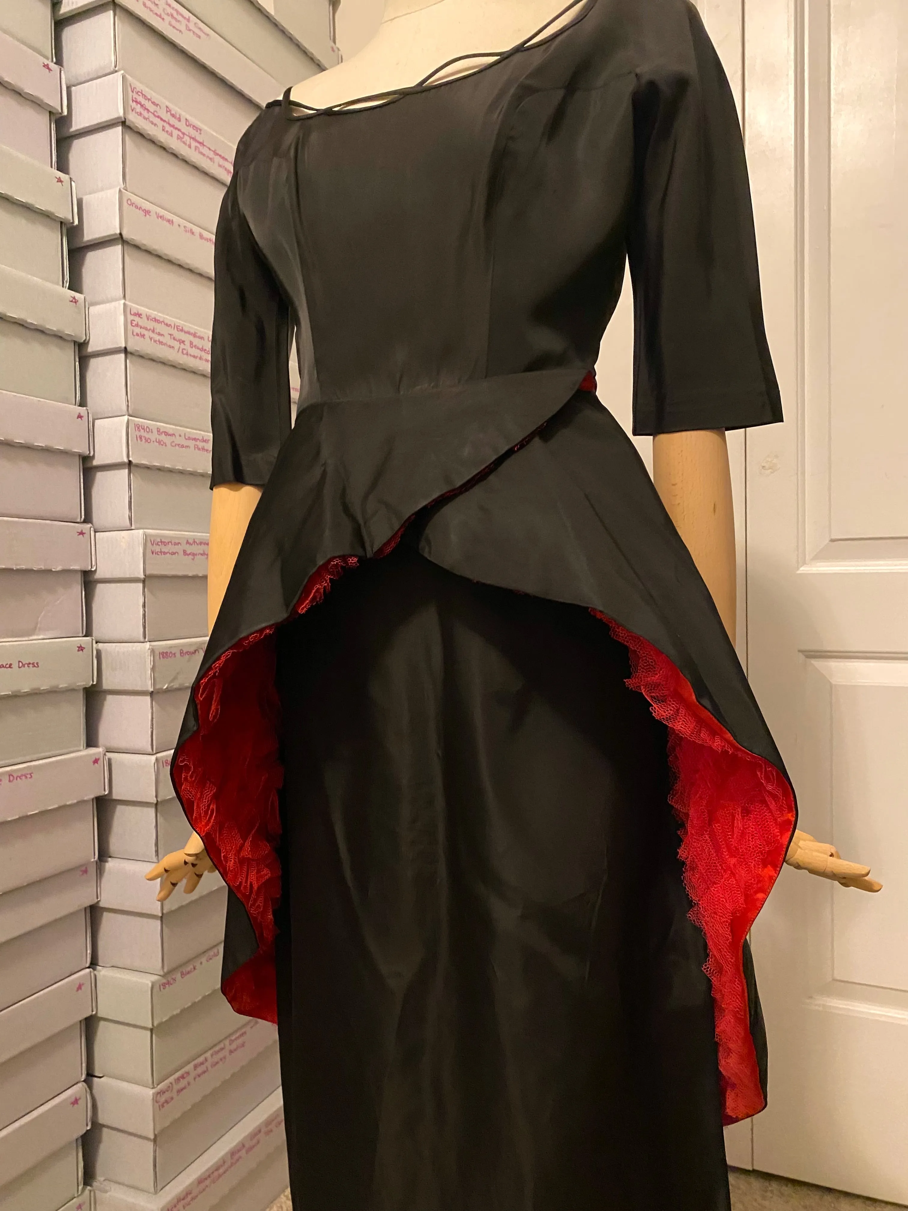 1950s Unlabelled Ceil Chapman Black & Red Peplum Dress