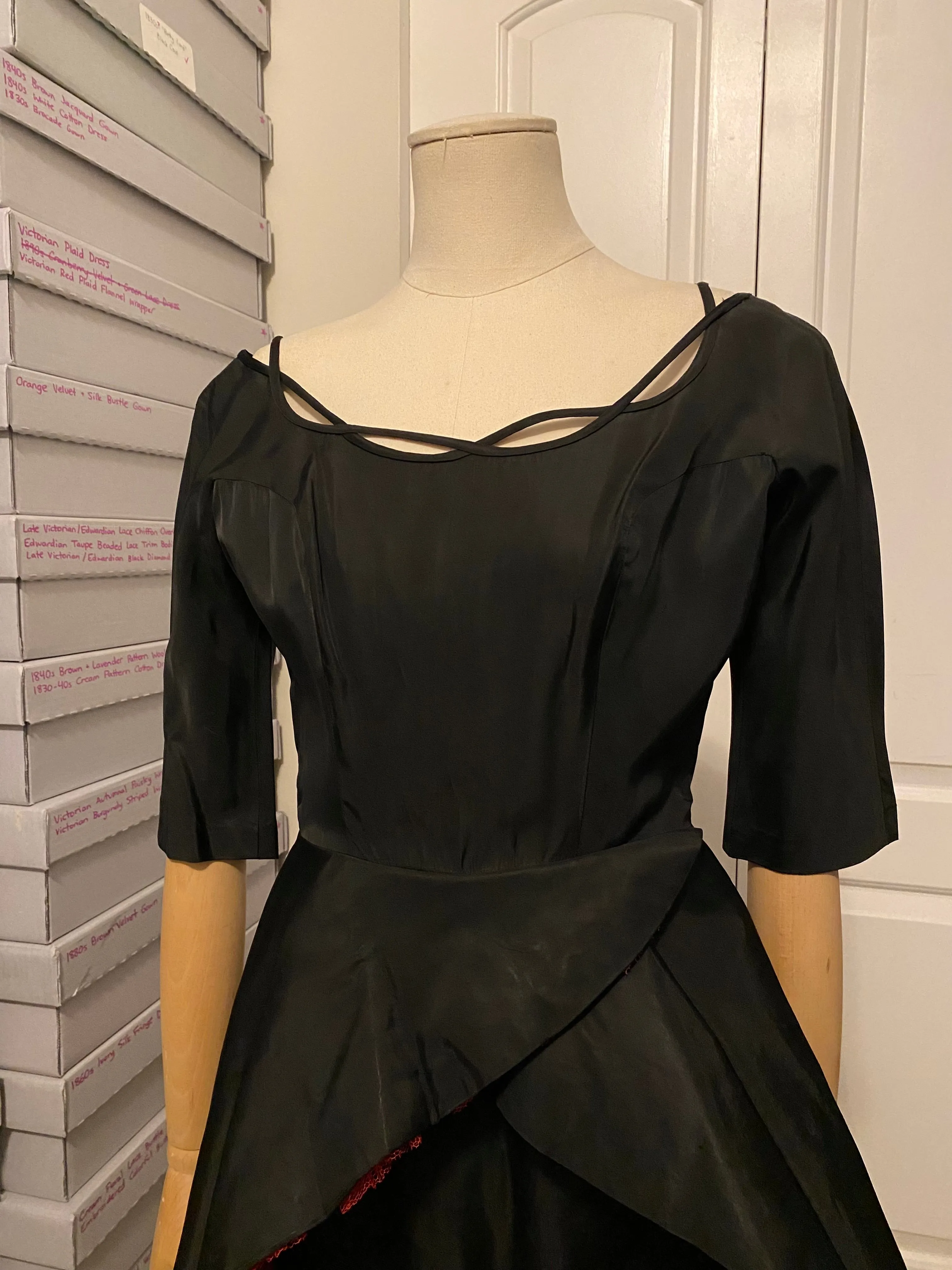 1950s Unlabelled Ceil Chapman Black & Red Peplum Dress