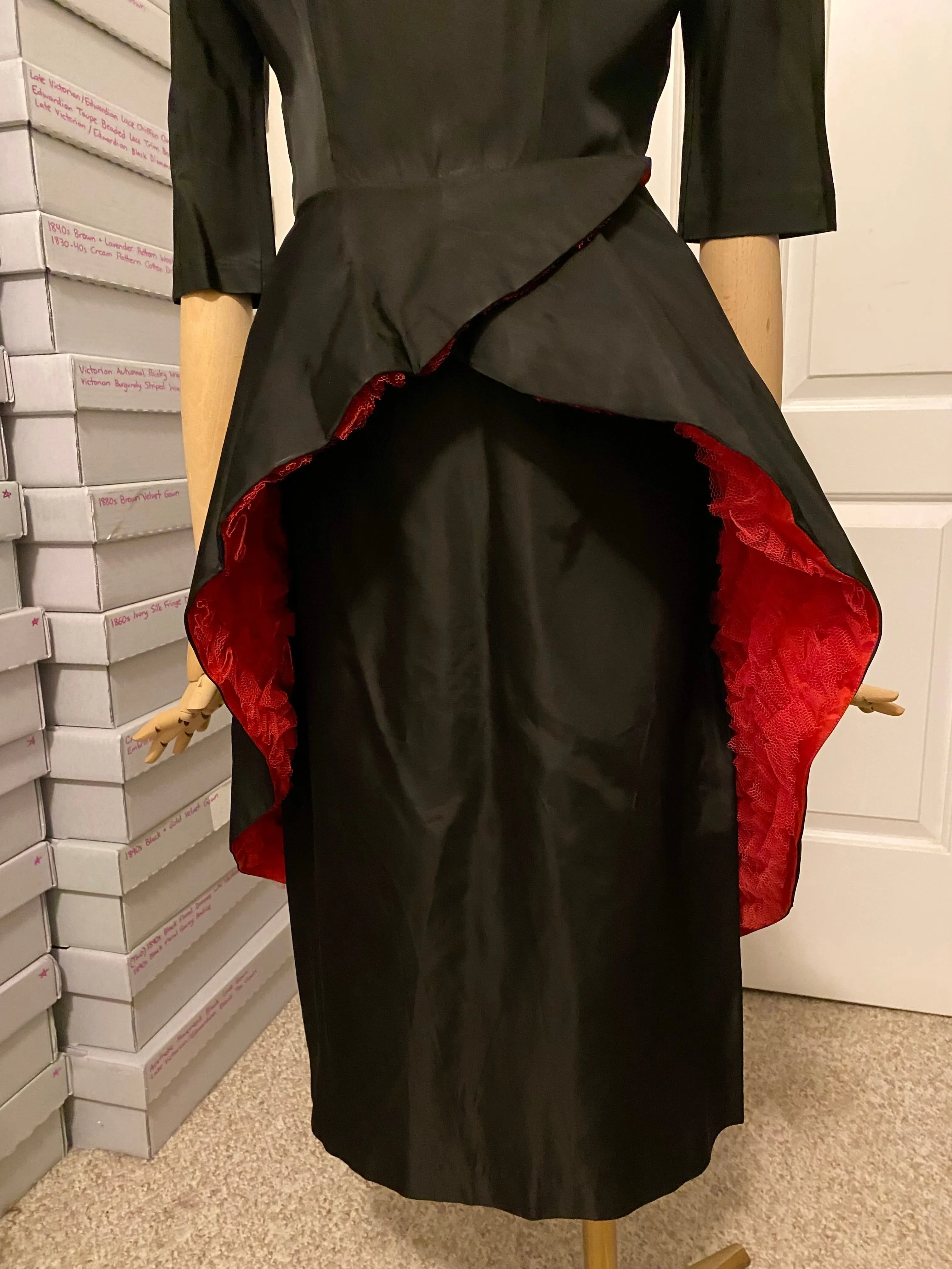 1950s Unlabelled Ceil Chapman Black & Red Peplum Dress