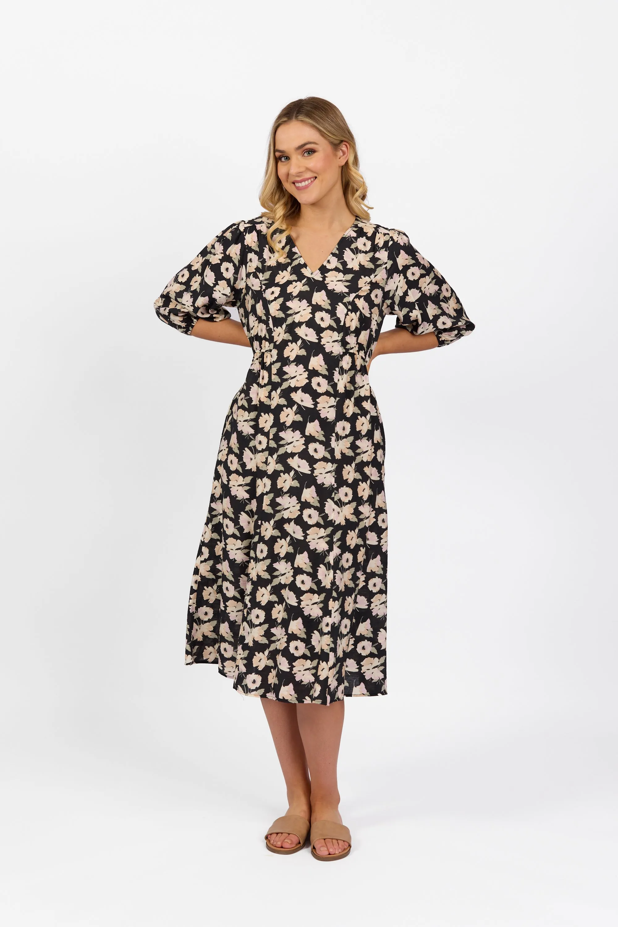 6101 Thea Short Sleeve Dress with V Neck and Button Front