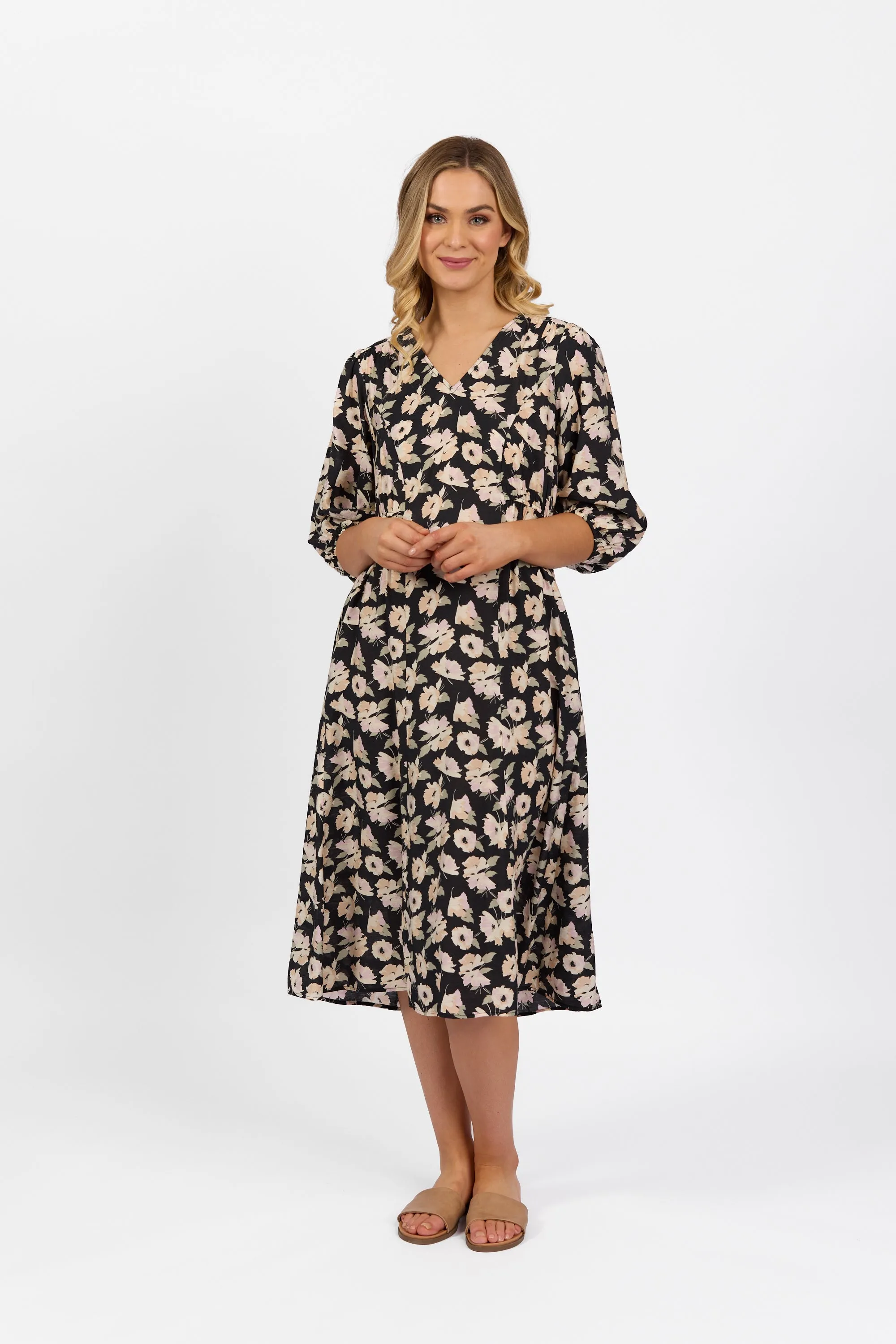 6101 Thea Short Sleeve Dress with V Neck and Button Front