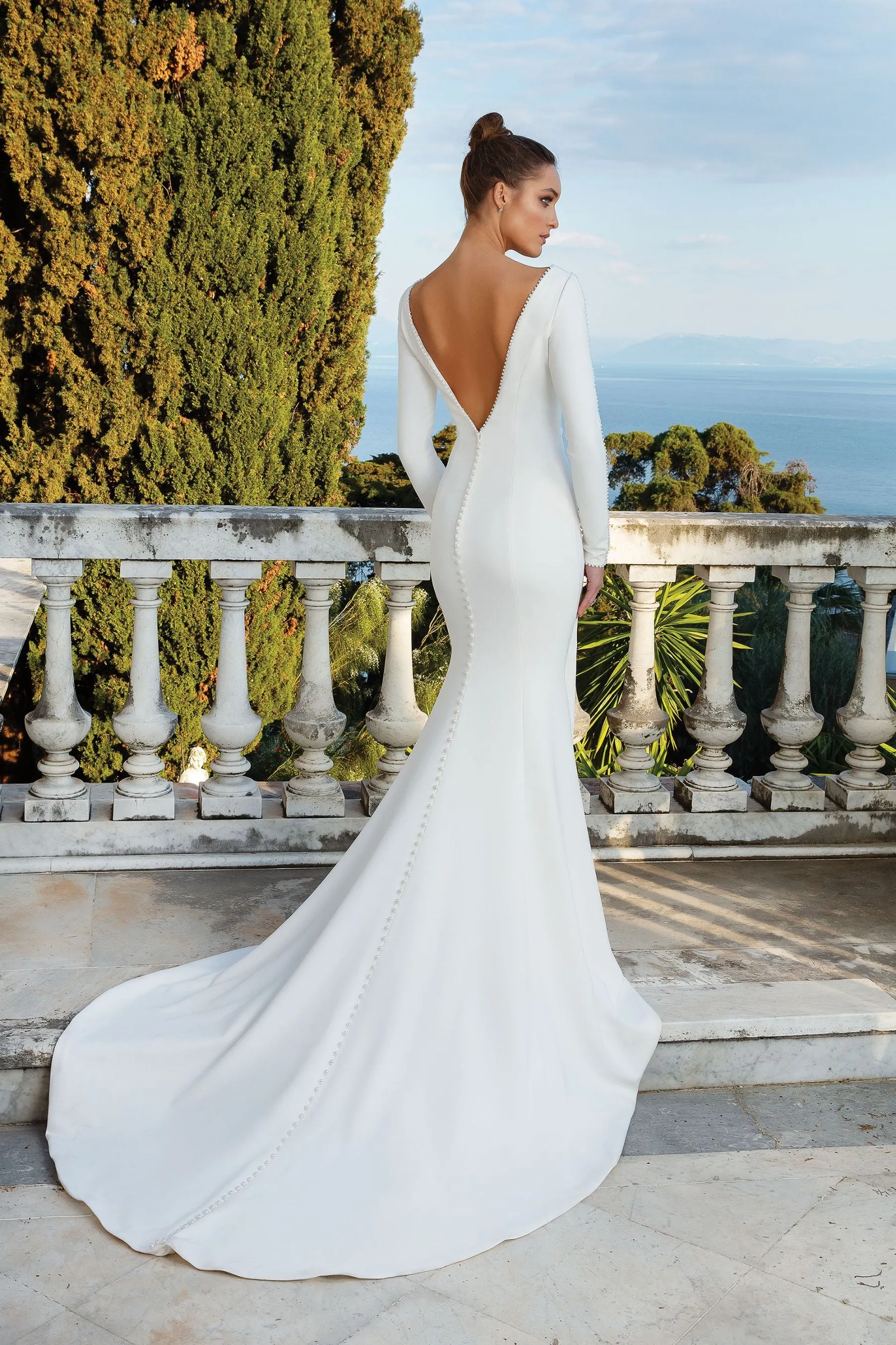 88128 - Crepe Long Sleeve Gown with Pearl Detail
