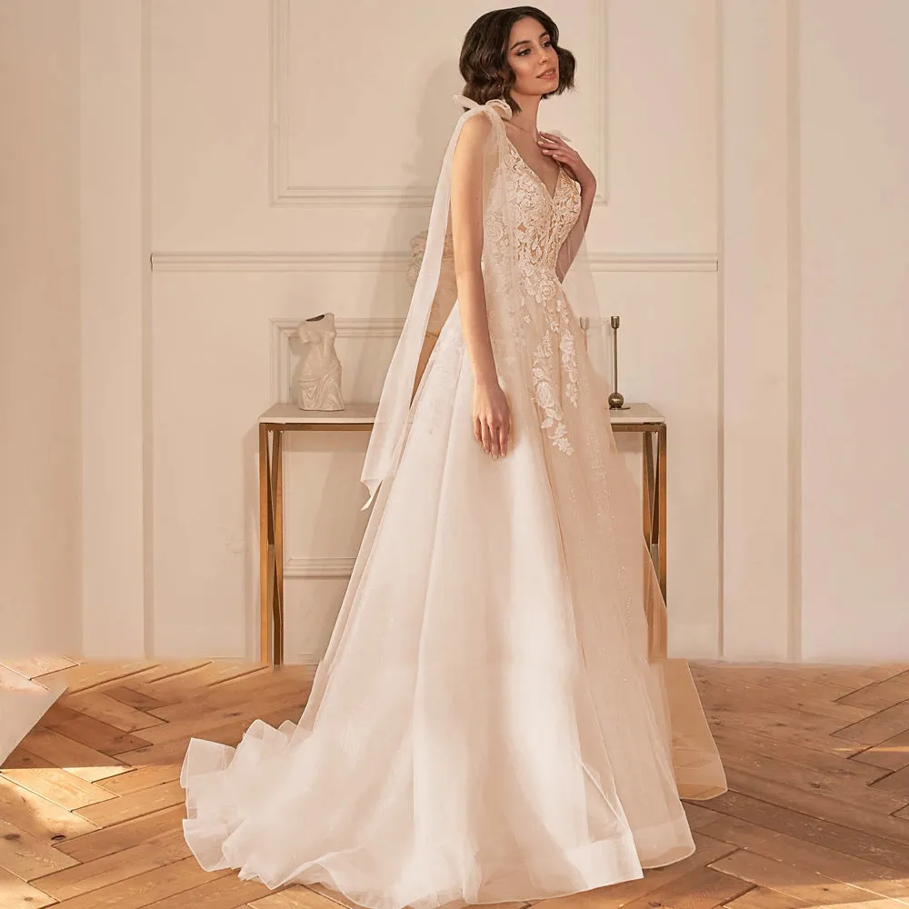 A-Line Sexy Backless V Neck Sleeveless Wedding Dress Luxury Spaghetti Straps Ribbons Sweep Train Bridal Gown