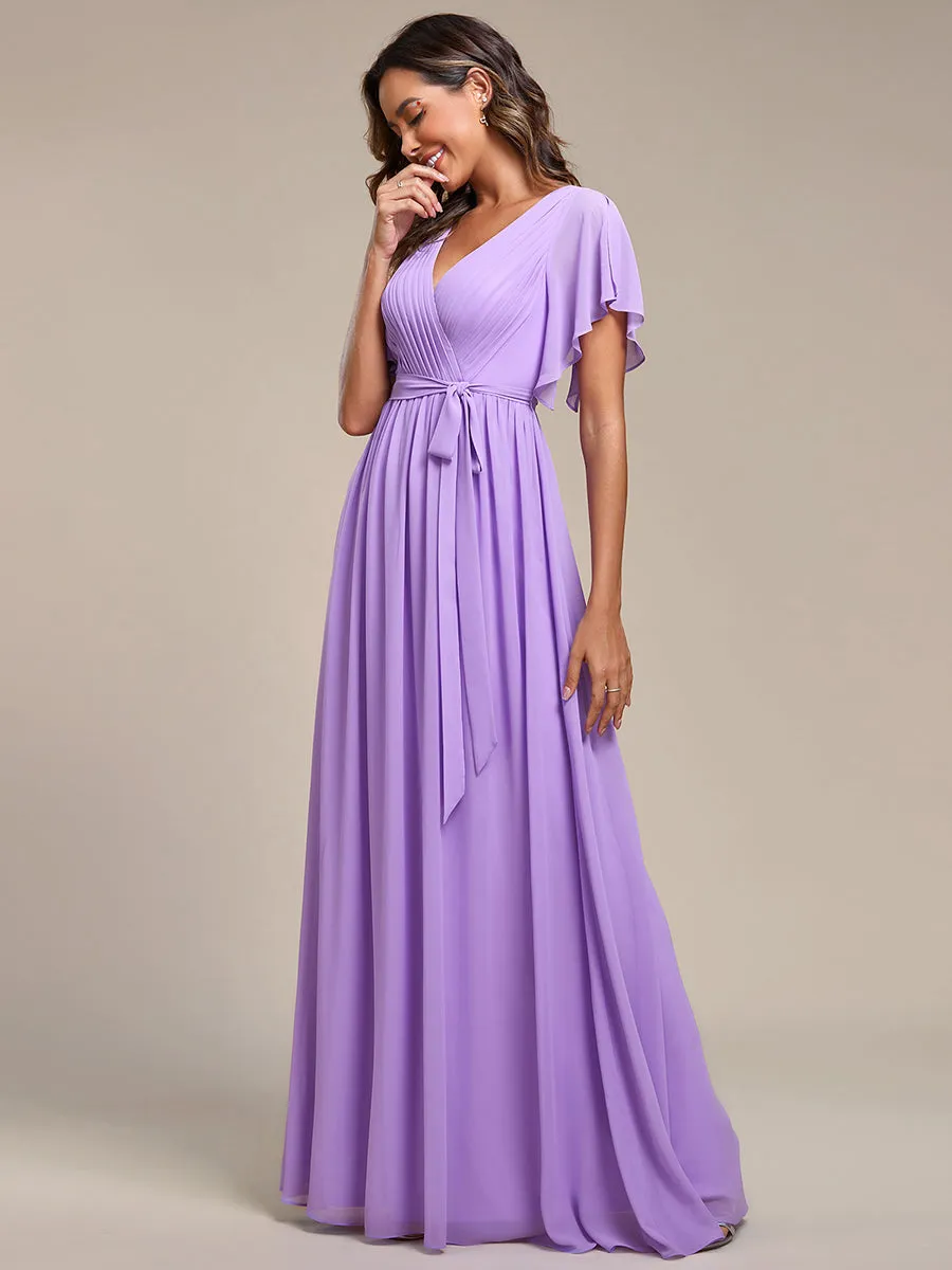 A Line Wholesale Bridesmaid Dresses with Deep V Neck Ruffles Sleeves