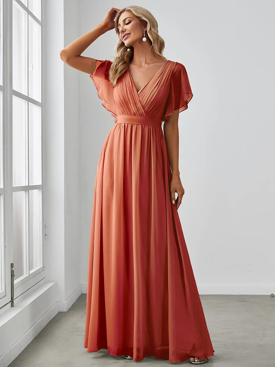 A Line Wholesale Bridesmaid Dresses with Deep V Neck Ruffles Sleeves