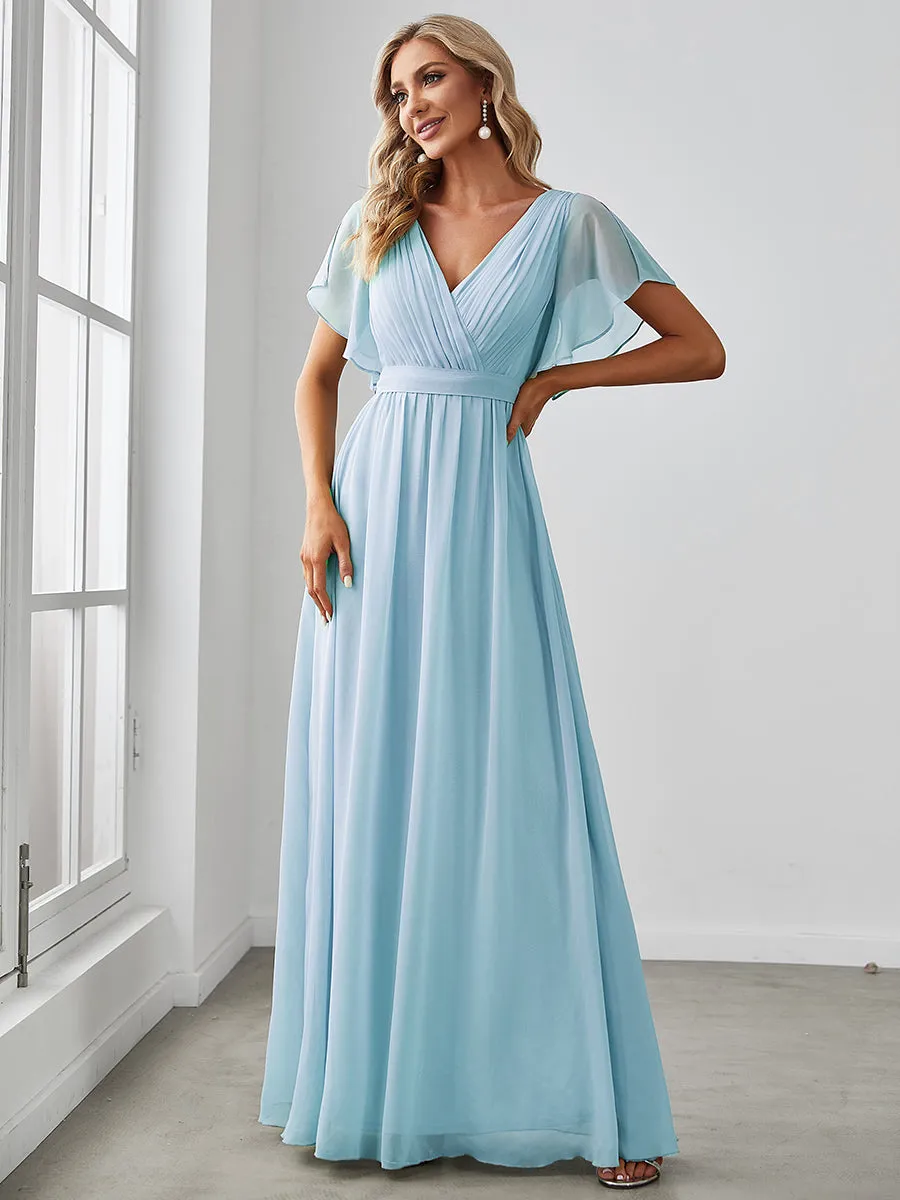 A Line Wholesale Bridesmaid Dresses with Deep V Neck Ruffles Sleeves
