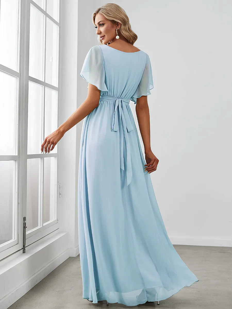 A Line Wholesale Bridesmaid Dresses with Deep V Neck Ruffles Sleeves