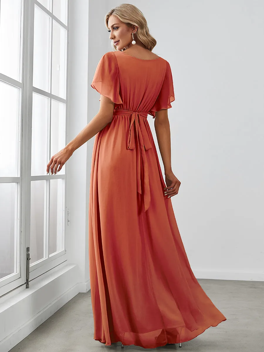 A Line Wholesale Bridesmaid Dresses with Deep V Neck Ruffles Sleeves