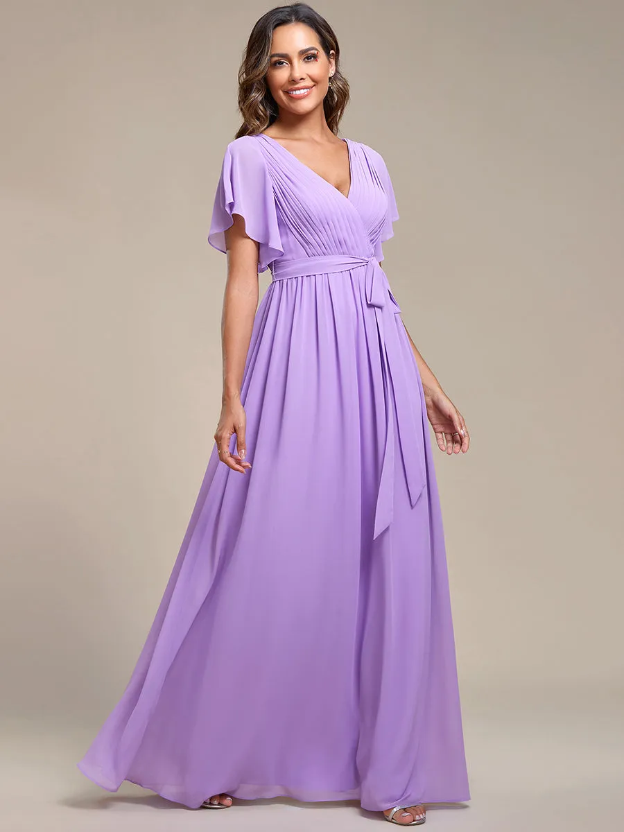A Line Wholesale Bridesmaid Dresses with Deep V Neck Ruffles Sleeves
