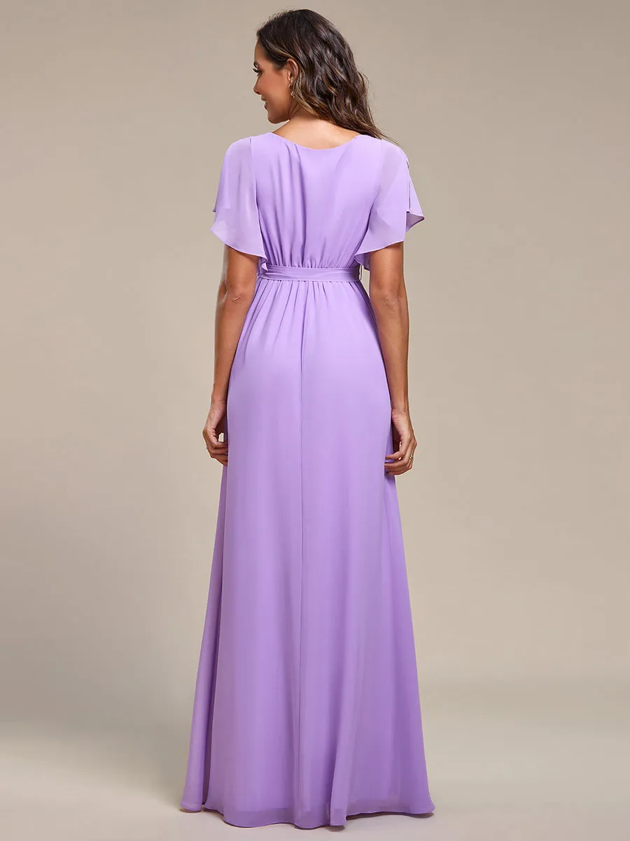 A Line Wholesale Bridesmaid Dresses with Deep V Neck Ruffles Sleeves