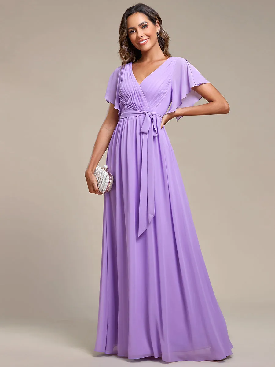 A Line Wholesale Bridesmaid Dresses with Deep V Neck Ruffles Sleeves
