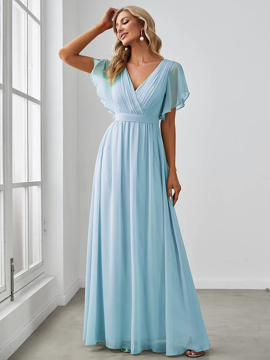 A Line Wholesale Bridesmaid Dresses with Deep V Neck Ruffles Sleeves