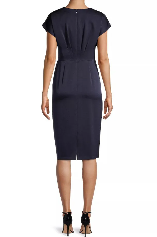 Aidan Mattox Sequin Lace Applique V-Neck Cap Sleeve Peplum Satin Dress