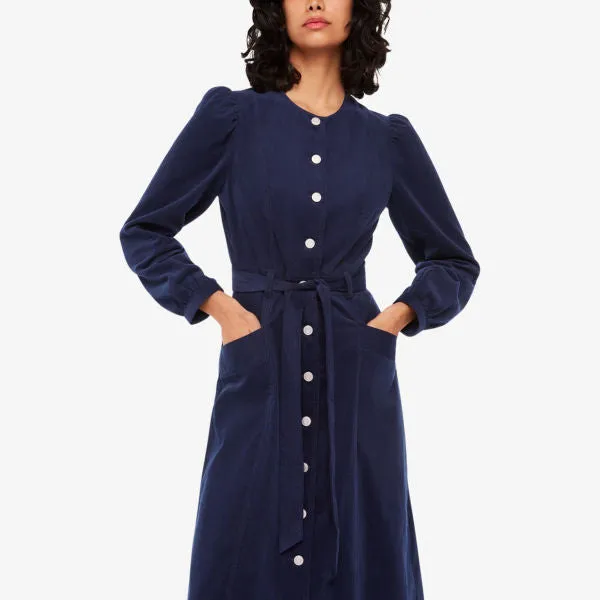 Angelica cotton corduroy midi dress with Whistles belt, navy