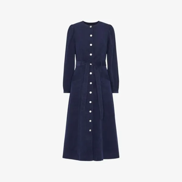 Angelica cotton corduroy midi dress with Whistles belt, navy