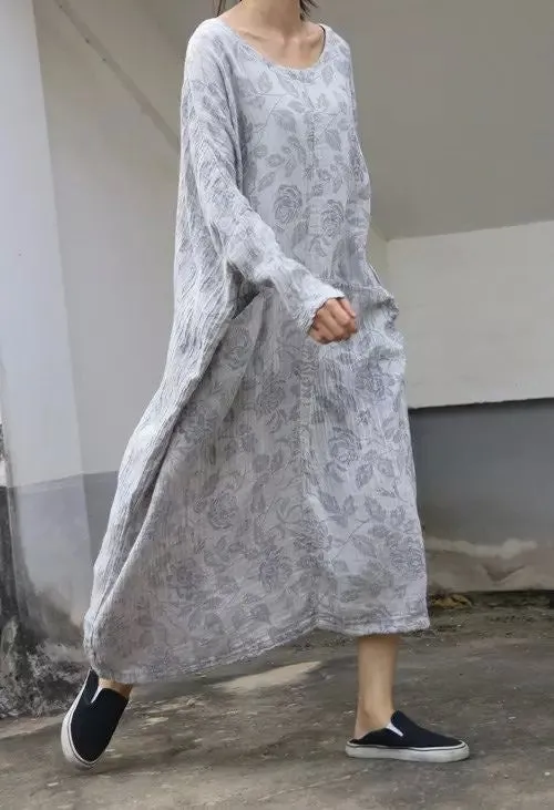 Beige leaf print loose gown,women caftan,batwing sleeve autumn and spring maxi dress,long tunic dress,loose robe,plus size clothing,bust>160cm