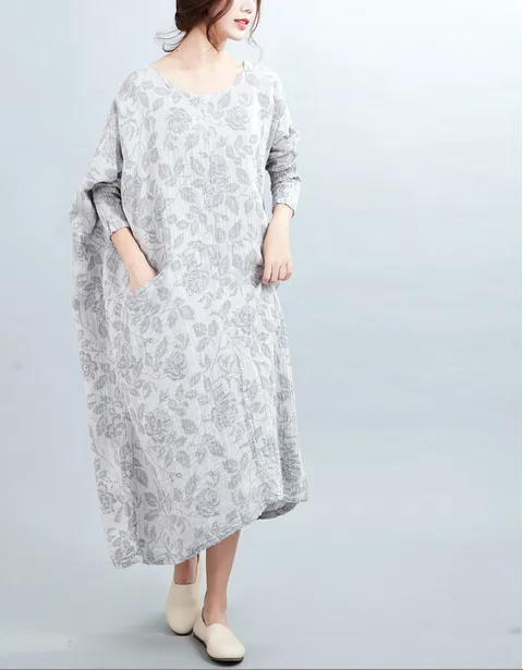 Beige leaf print loose gown,women caftan,batwing sleeve autumn and spring maxi dress,long tunic dress,loose robe,plus size clothing,bust>160cm