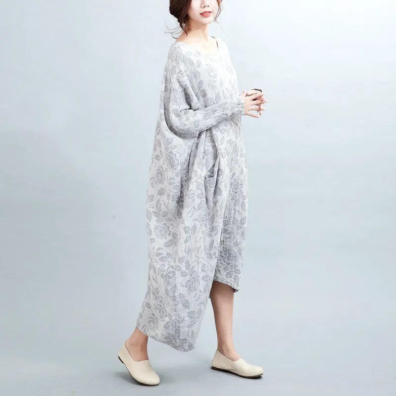 Beige leaf print loose gown,women caftan,batwing sleeve autumn and spring maxi dress,long tunic dress,loose robe,plus size clothing,bust>160cm
