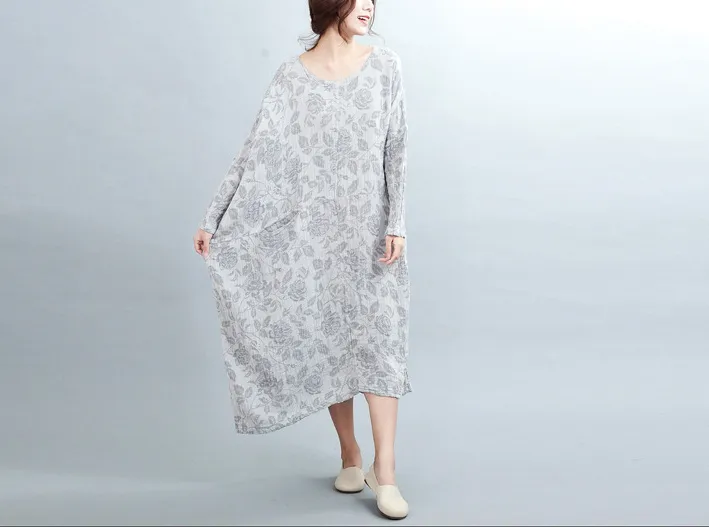 Beige leaf print loose gown,women caftan,batwing sleeve autumn and spring maxi dress,long tunic dress,loose robe,plus size clothing,bust>160cm