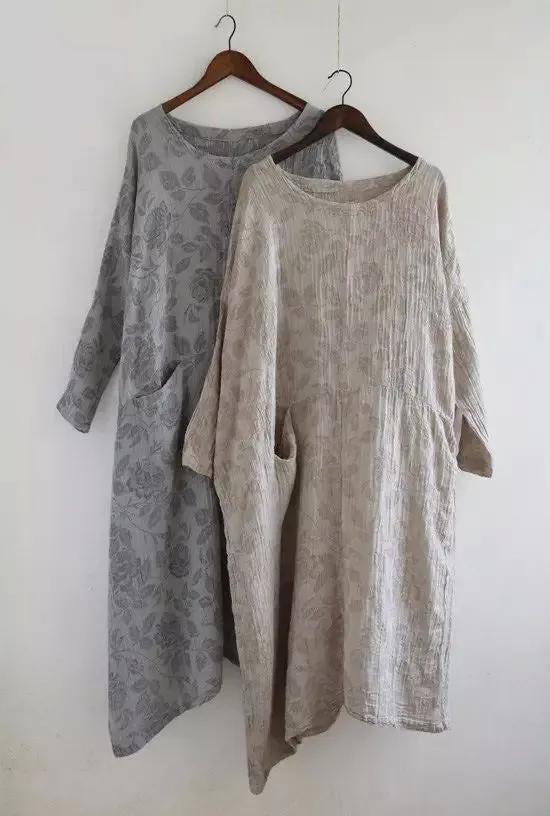 Beige leaf print loose gown,women caftan,batwing sleeve autumn and spring maxi dress,long tunic dress,loose robe,plus size clothing,bust>160cm