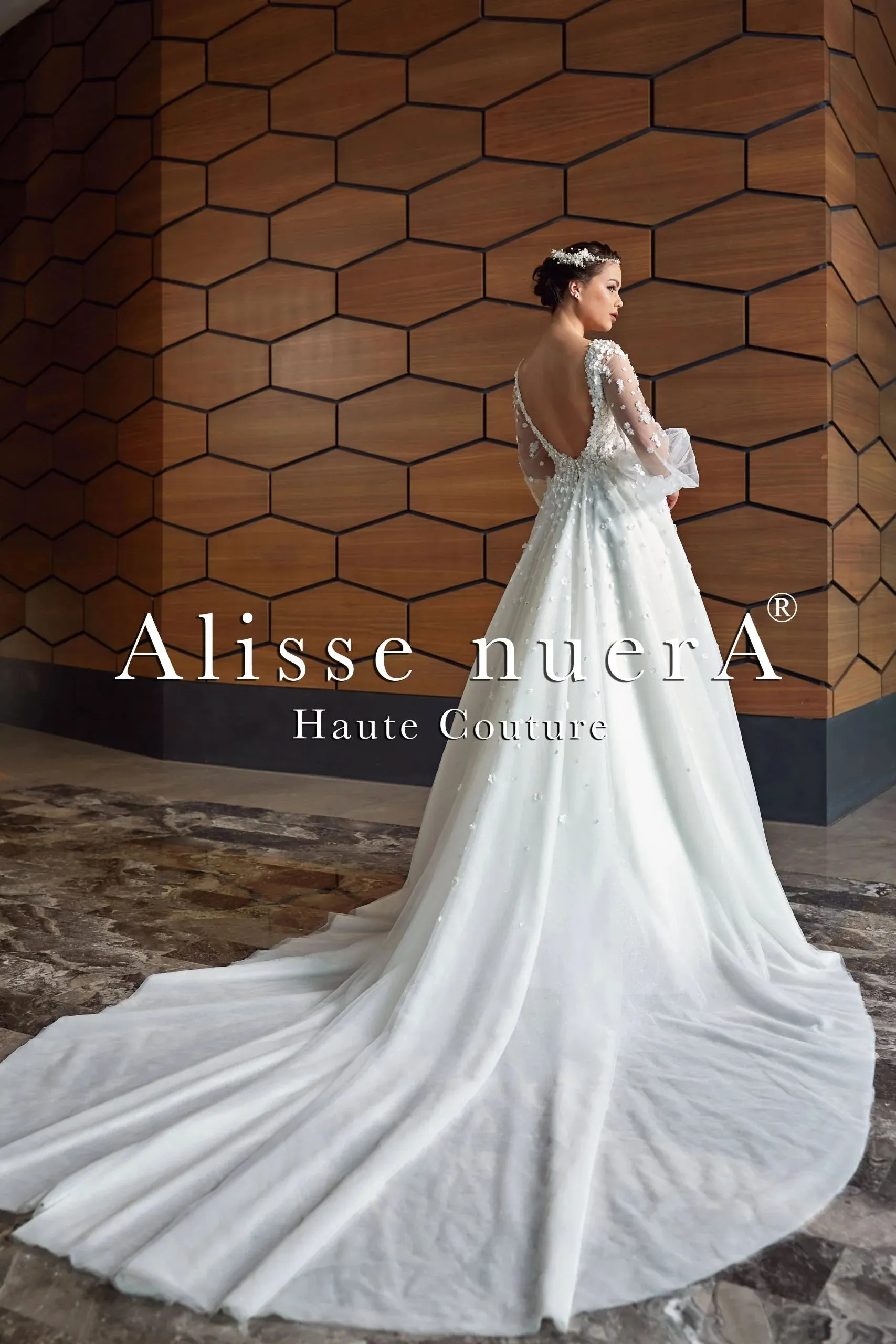 Billow Sleeve Floral Applique Sprinkle Winter White A Line Bridal Dress