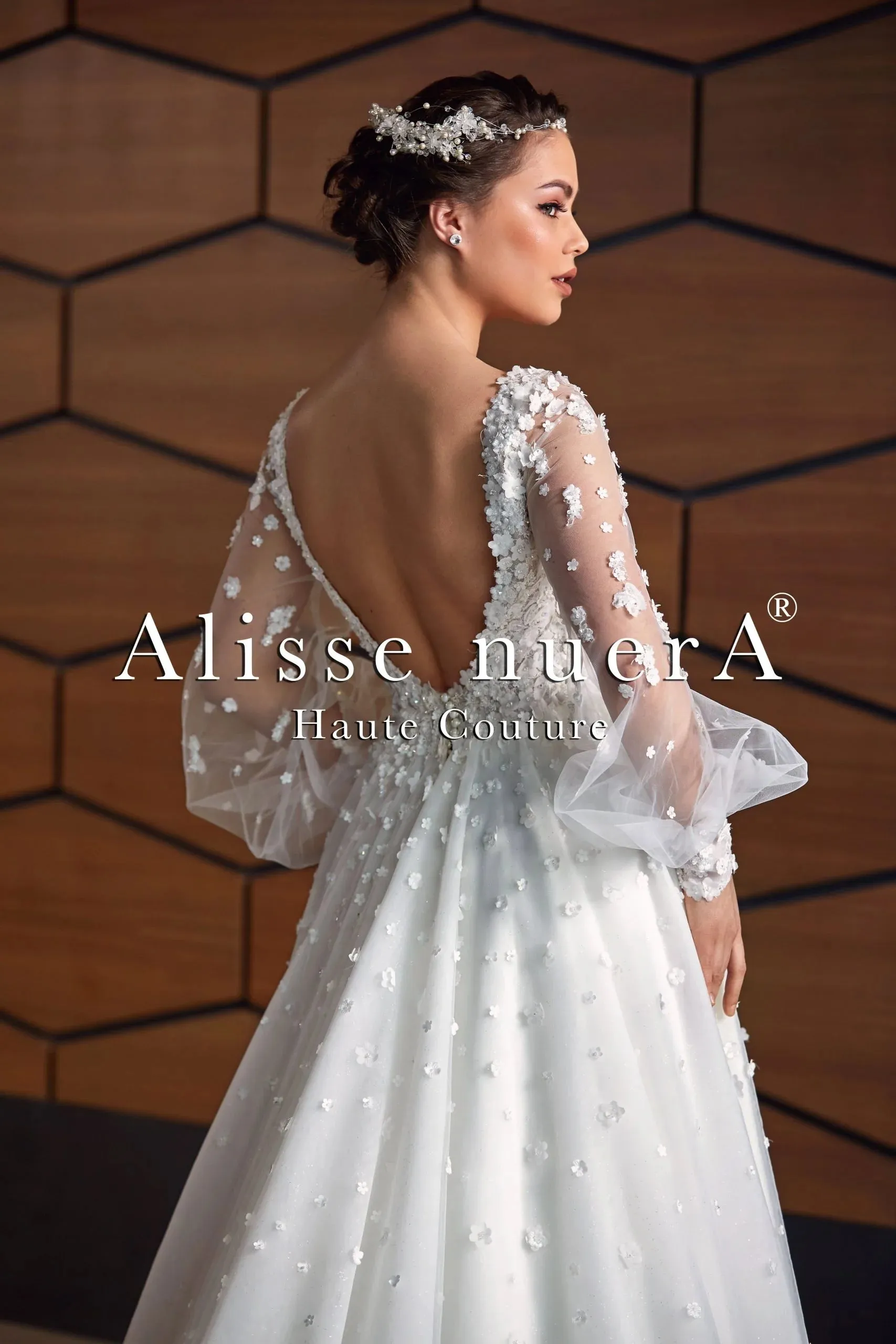 Billow Sleeve Floral Applique Sprinkle Winter White A Line Bridal Dress