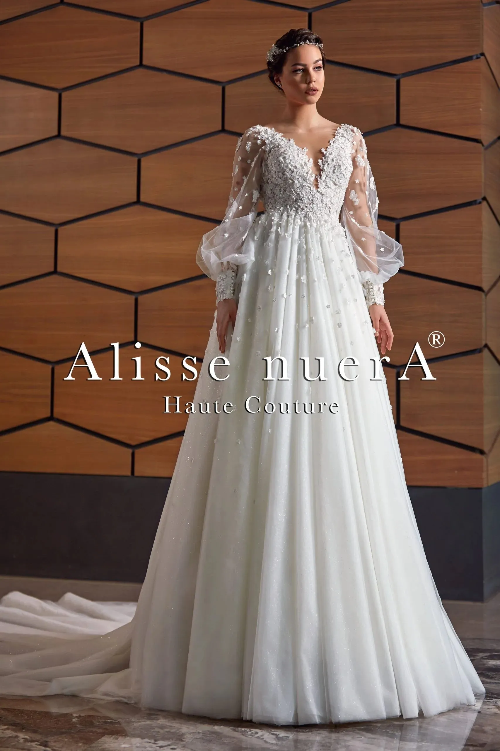 Billow Sleeve Floral Applique Sprinkle Winter White A Line Bridal Dress