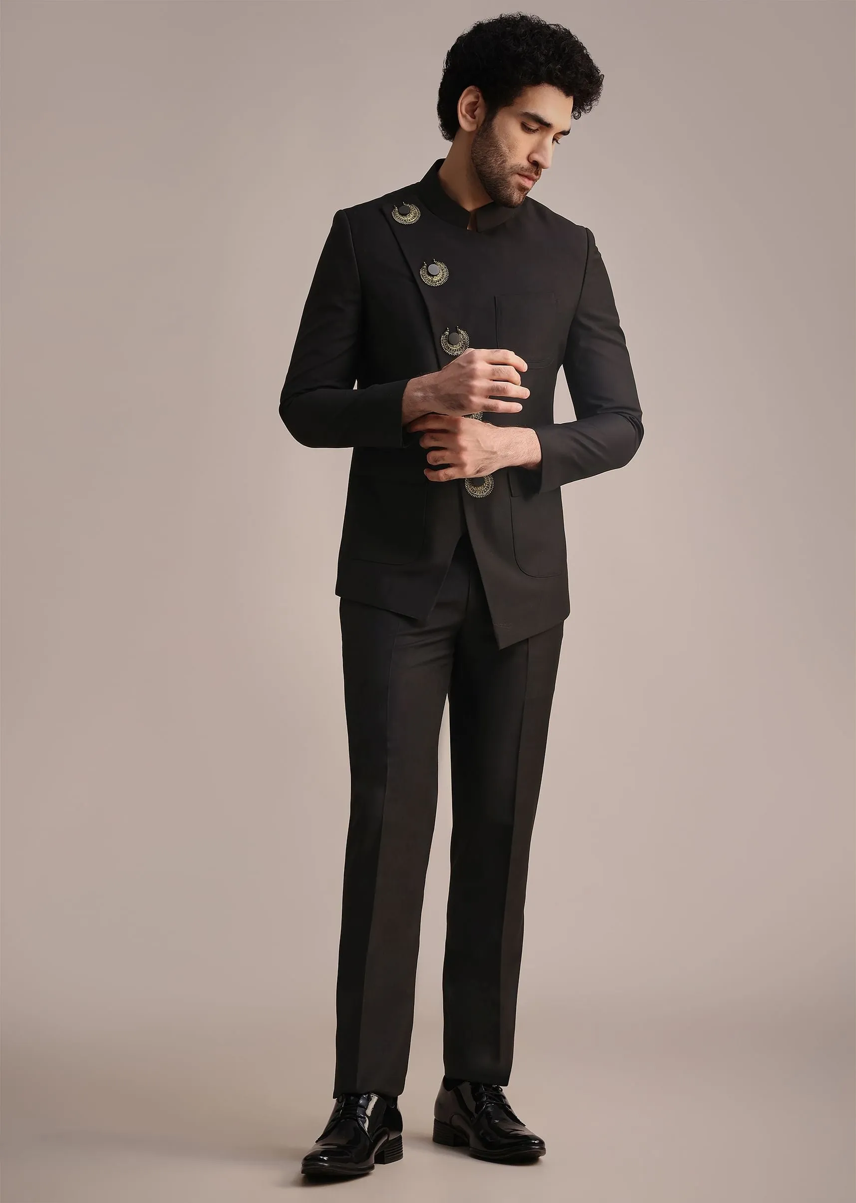 Black Rayon Angrakha Jodhpuri Suit
