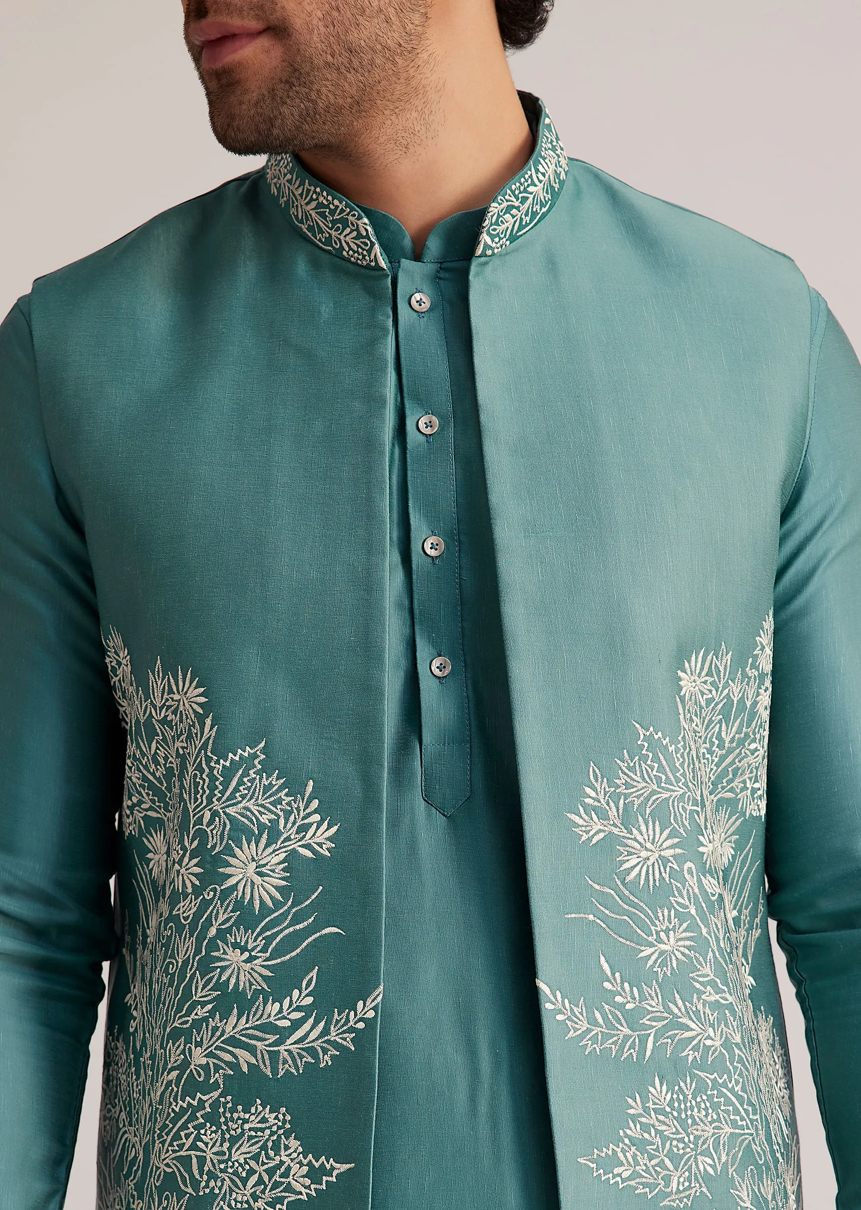 Blue Embroidered Jacket Kurta Set