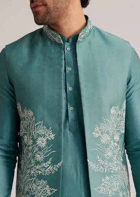 Blue Embroidered Jacket Kurta Set