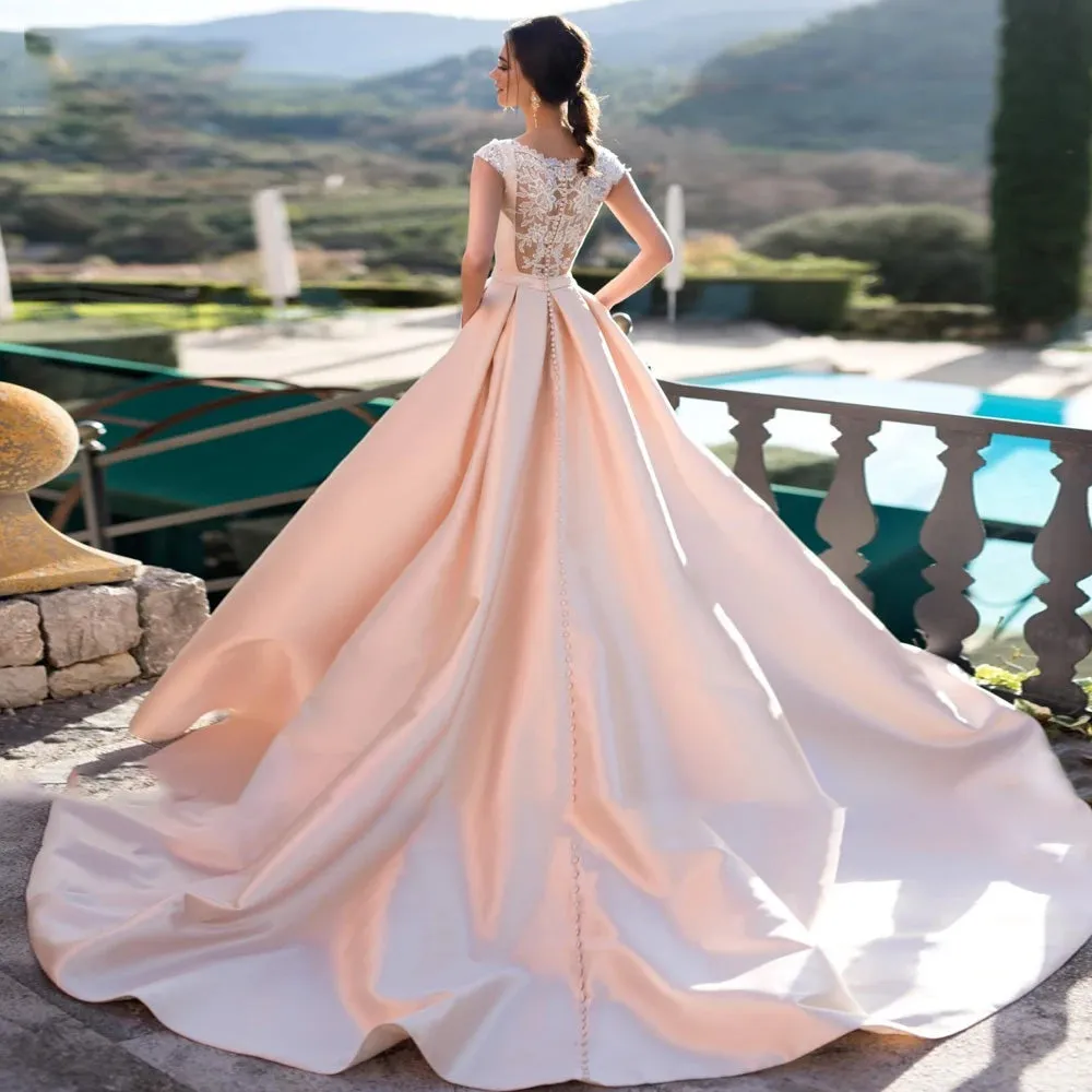 Cap Sleeve Matte Satin Vintage A-Line Wedding Dress Elegant Scoop Neck Court Train Bridal Gown