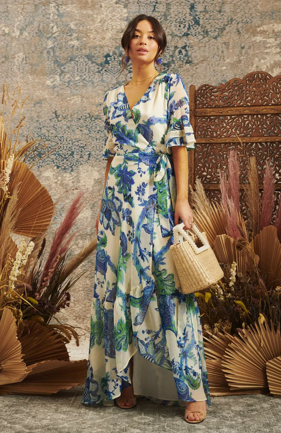 Catalina Flutter Sleeve Maxi Wrap Dress