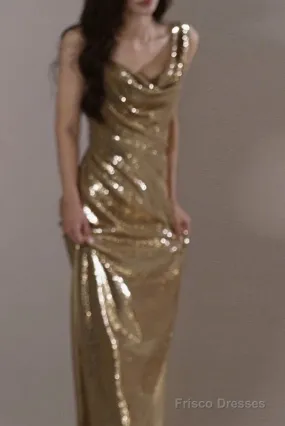 Classy Mermaid Straps Gold Sequin Long Evening Gowns Prom Dress