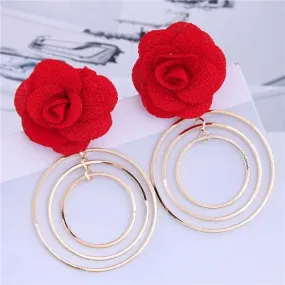 Cloth Rose Golden Hoops Design Women Fashion Hoop Alloy Earrings - Red