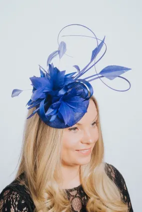 Cobalt Blue Pillbox Feather & Flower Fascinator