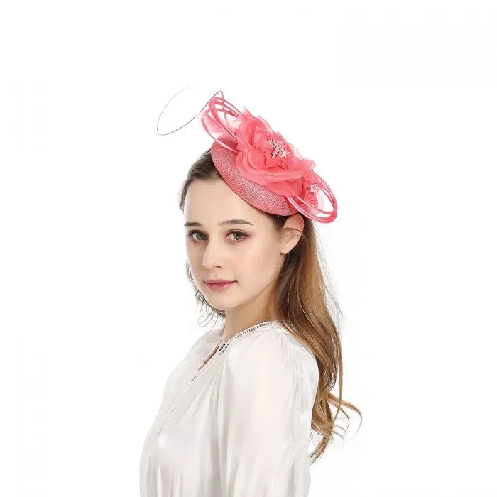 Coral Pillbox Flower Embellished Fascinator