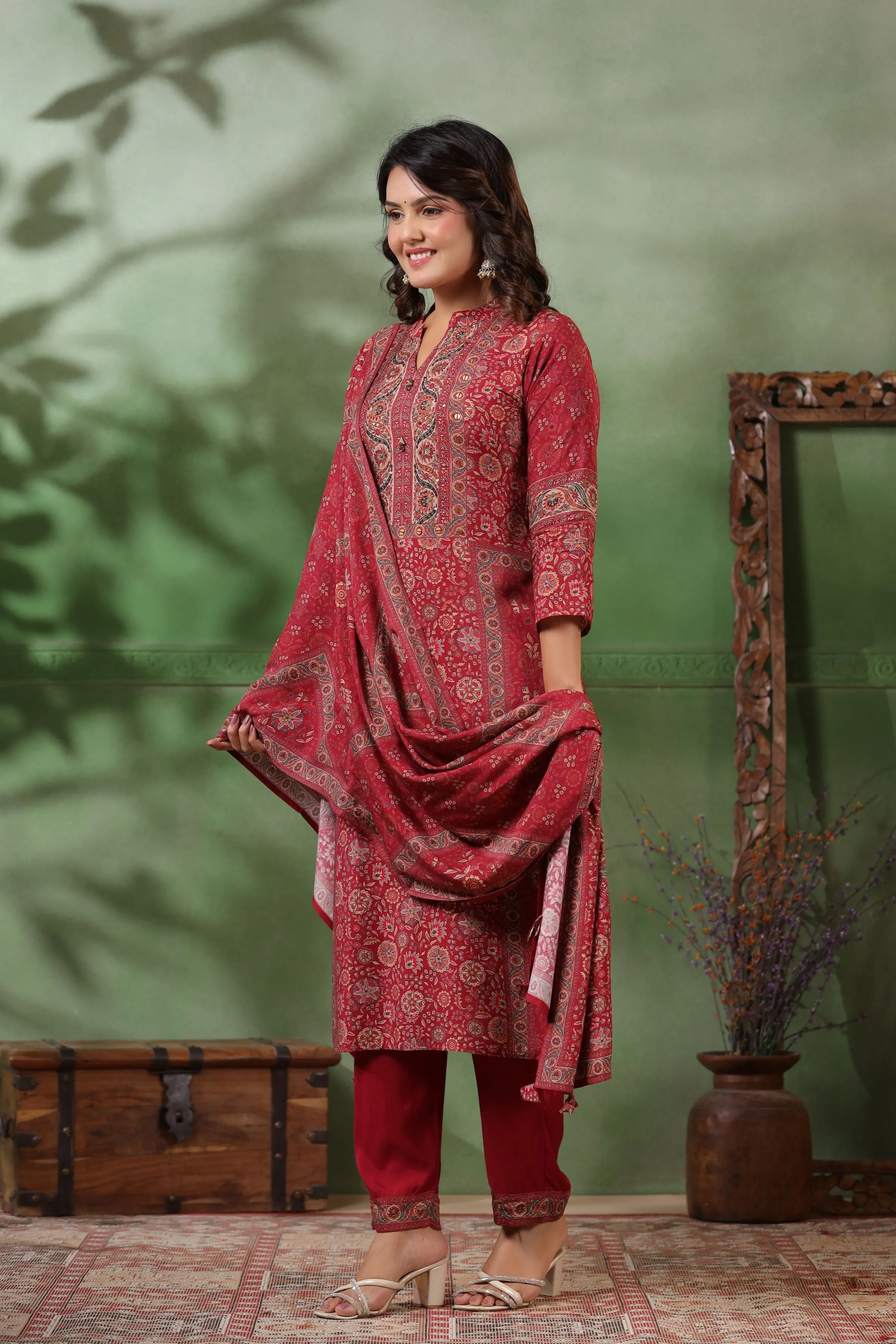 Dark Red Traditional Printed Dola Silk Pants Set
