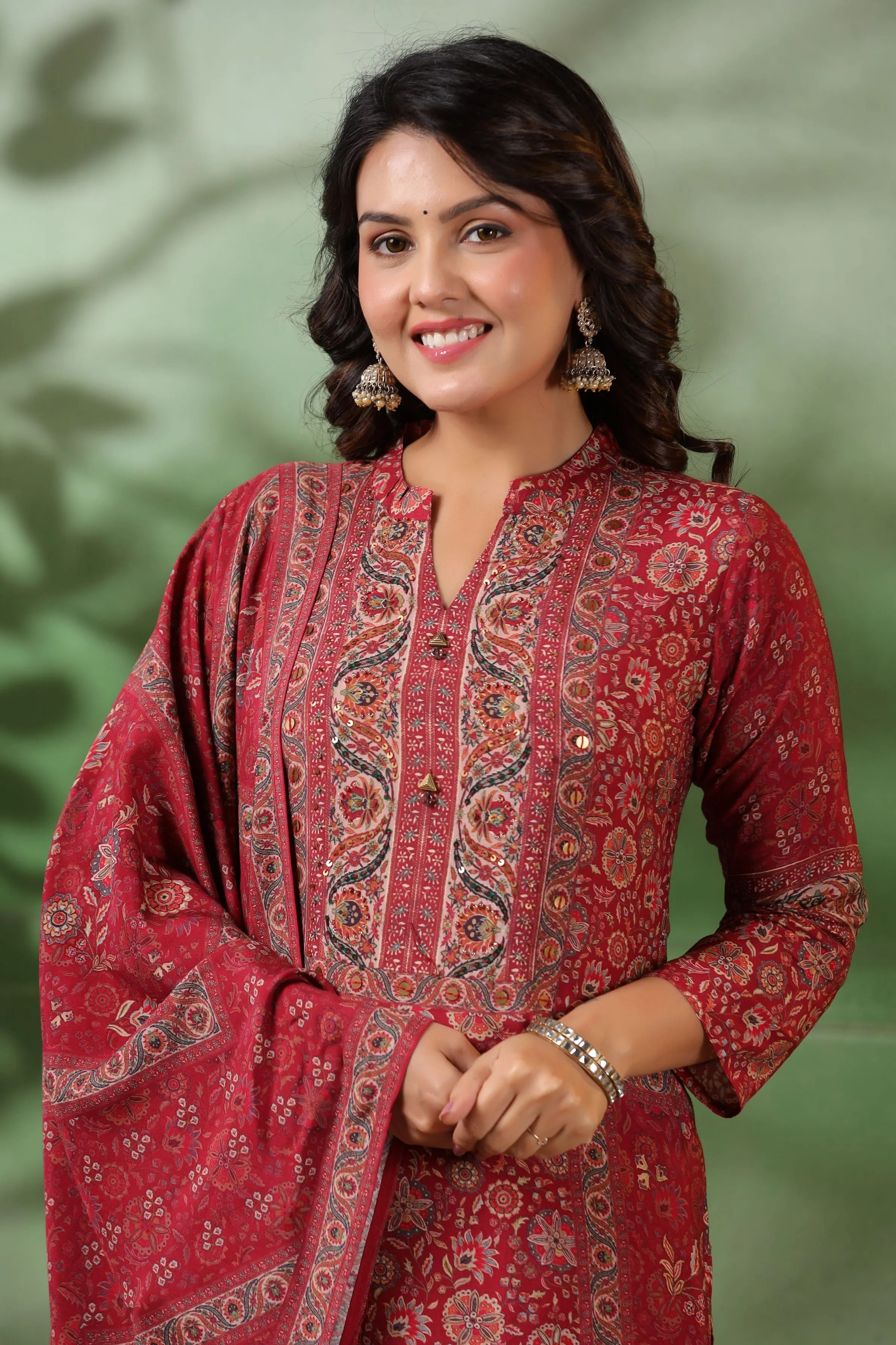 Dark Red Traditional Printed Dola Silk Pants Set
