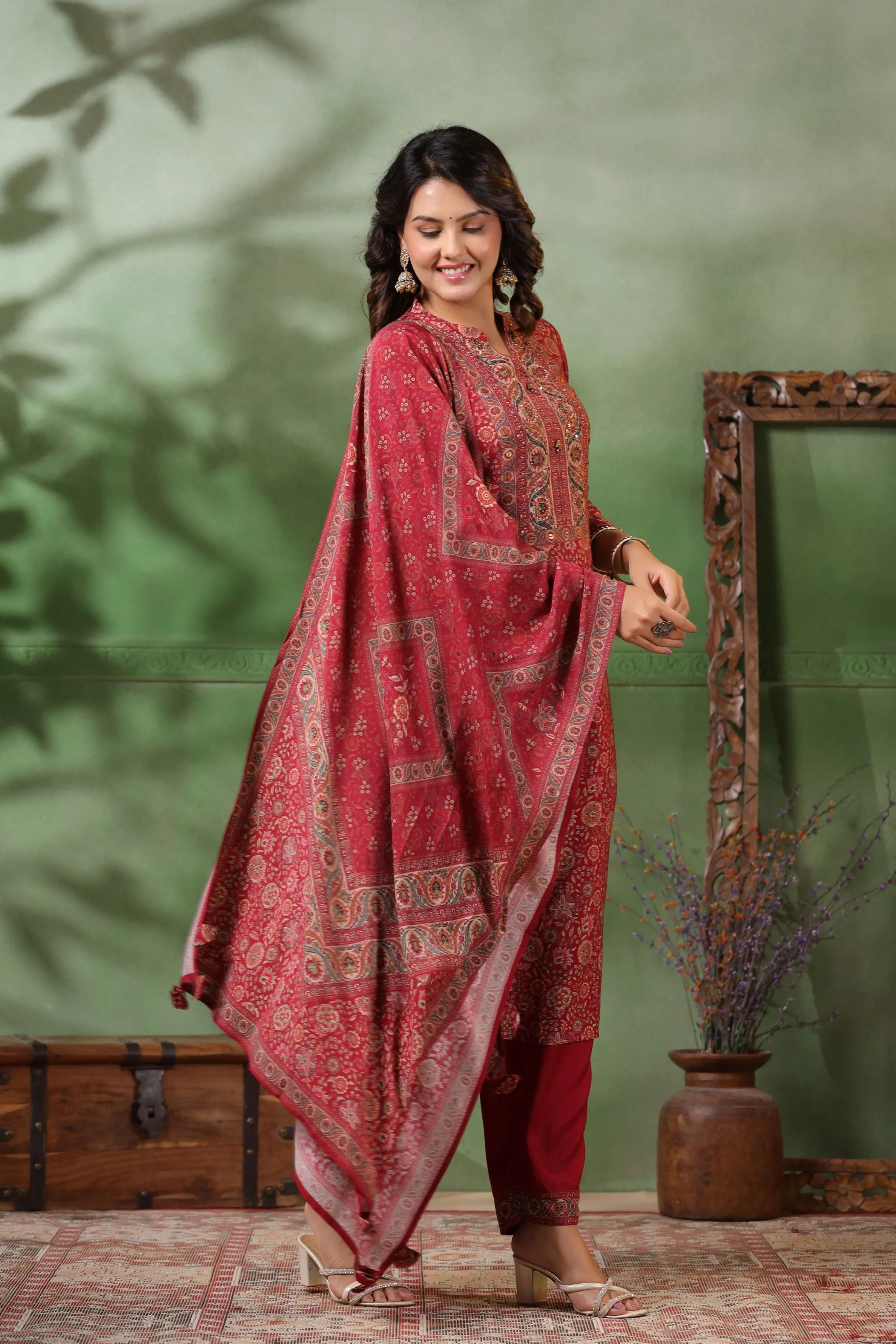Dark Red Traditional Printed Dola Silk Pants Set