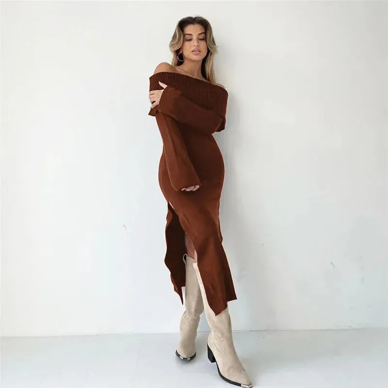 DressBetty - 2024 Off-Shoulder Lapel Neck Sexy Long Sleeve Maxi Dress