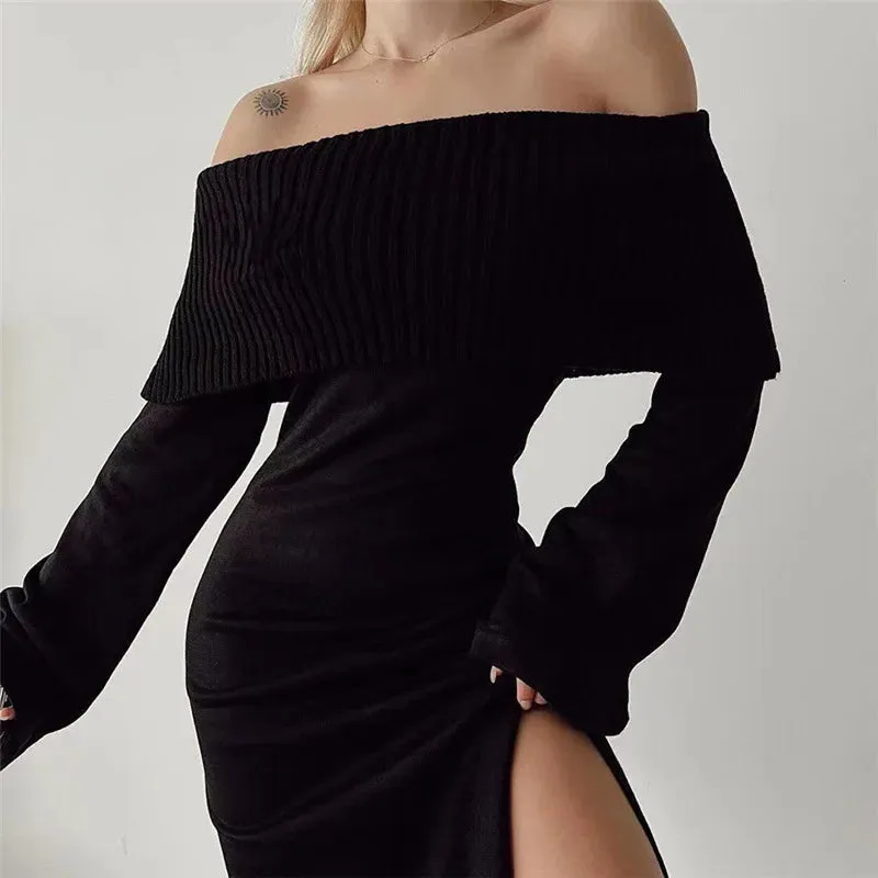 DressBetty - 2024 Off-Shoulder Lapel Neck Sexy Long Sleeve Maxi Dress