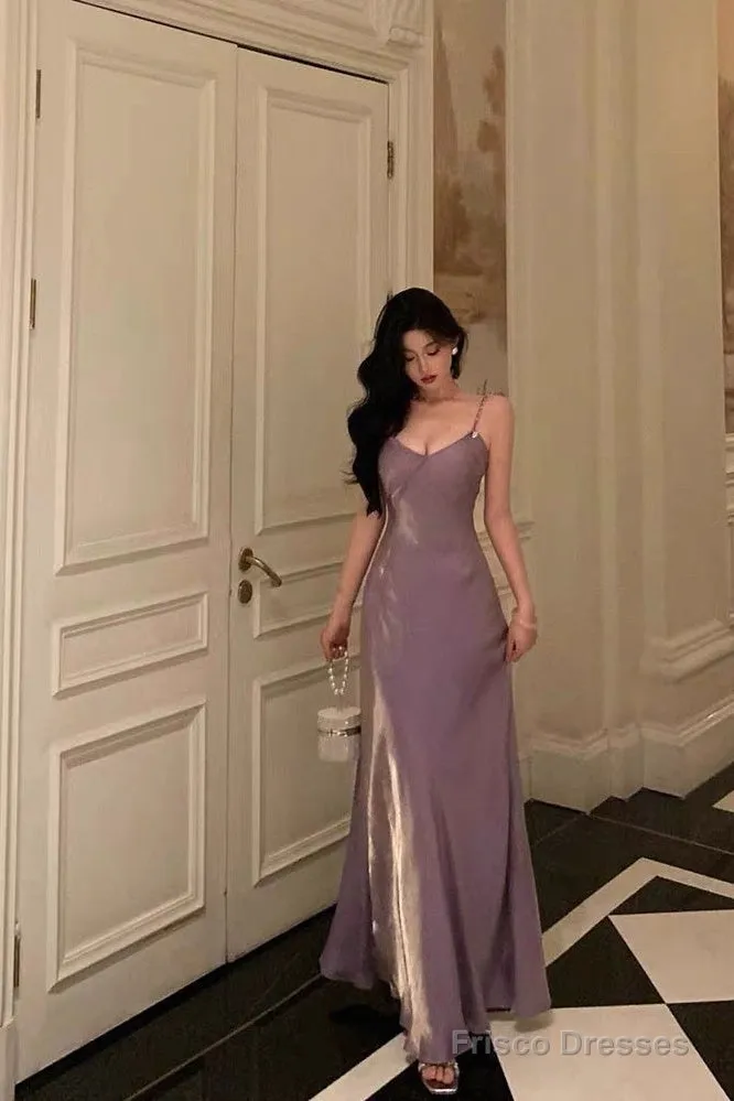 Elegant Sheath Spaghetti Straps Lilac Long Satin Prom Dresses Birthday Outfits Evening Gown