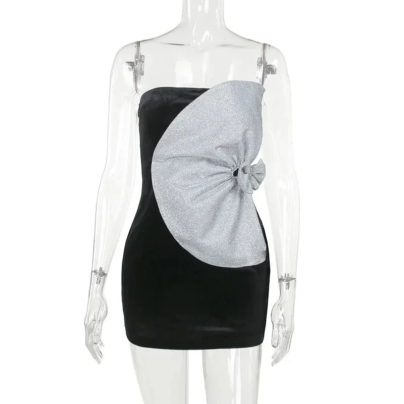 Elegant Strapless Backless Pleated Bodycon Dress with Bow