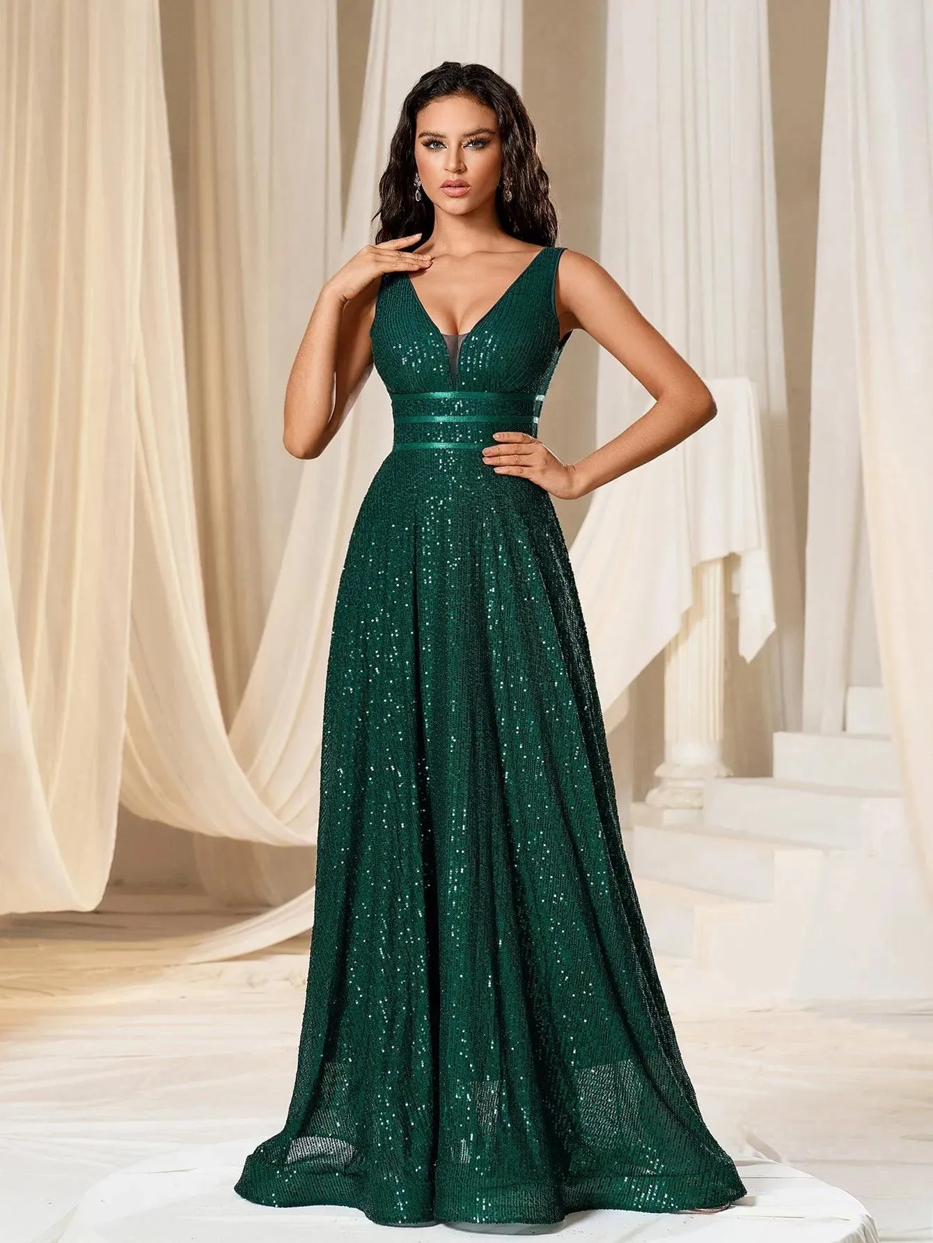 Elegant V Neck Sleeveless A Line Sequin Party Dress