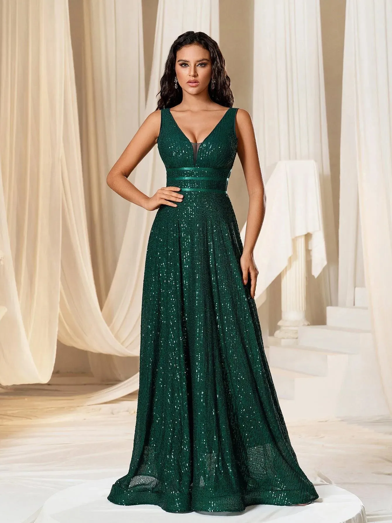 Elegant V Neck Sleeveless A Line Sequin Party Dress
