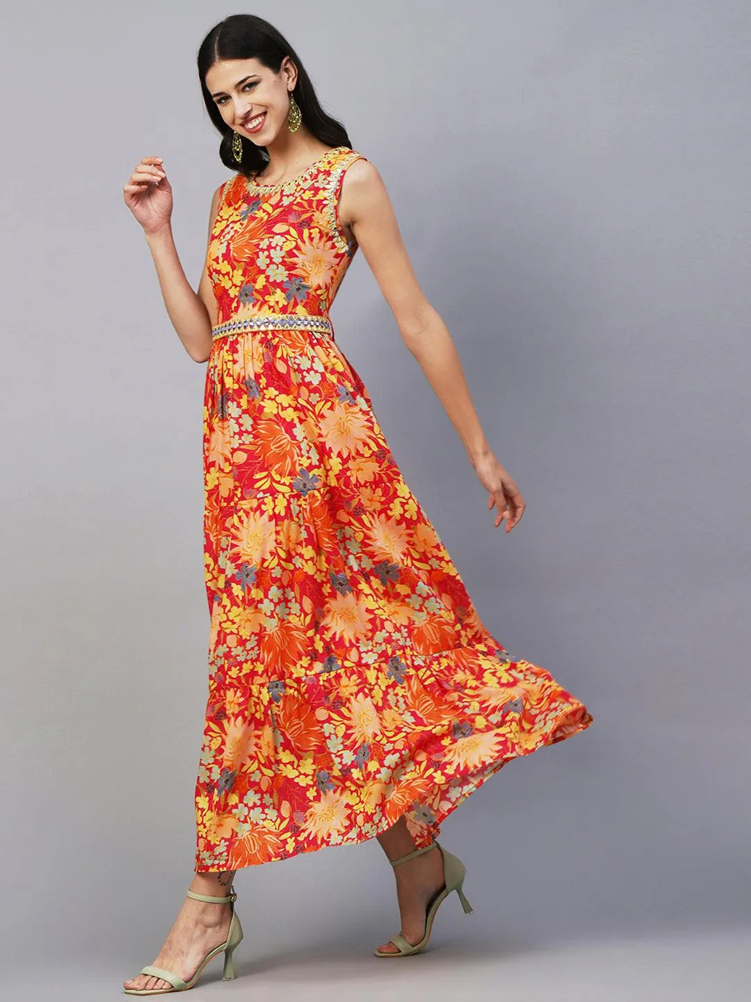 Floral Printed Mul-Cotton Mirror & Resham Embroidered Tiered Dress With Embroidered Waist Belt- Multi